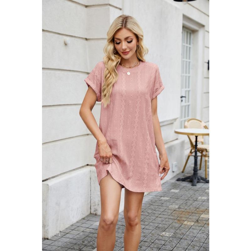 YYFS Women's Fashion Summer Spring Solid Color Print Short Sleeve O-Neck Loose Waistline Casual Dresses