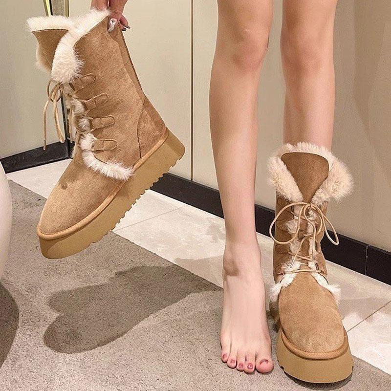 Mode Luxus Winter Damen Lang Plüsch Warm Schneestiefel Freizeitschuhe Neu Wildleder Fell Chelsea Stiefeletten Flats Plateau Damen Dicke Schuhe