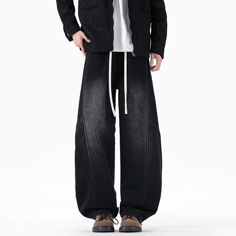 American retro trendy brand splicing scimitar jeans men's trend loose wide legs drape elastic waist long pants men