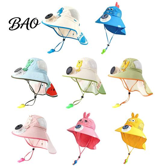 Breathable Mesh Sun Hat Kids Cap with Built-in Solar Fan, Wide Brim Protection Cooling Baby Hiking Hat, Fabric Summer Cartoon Pattern, Shawl