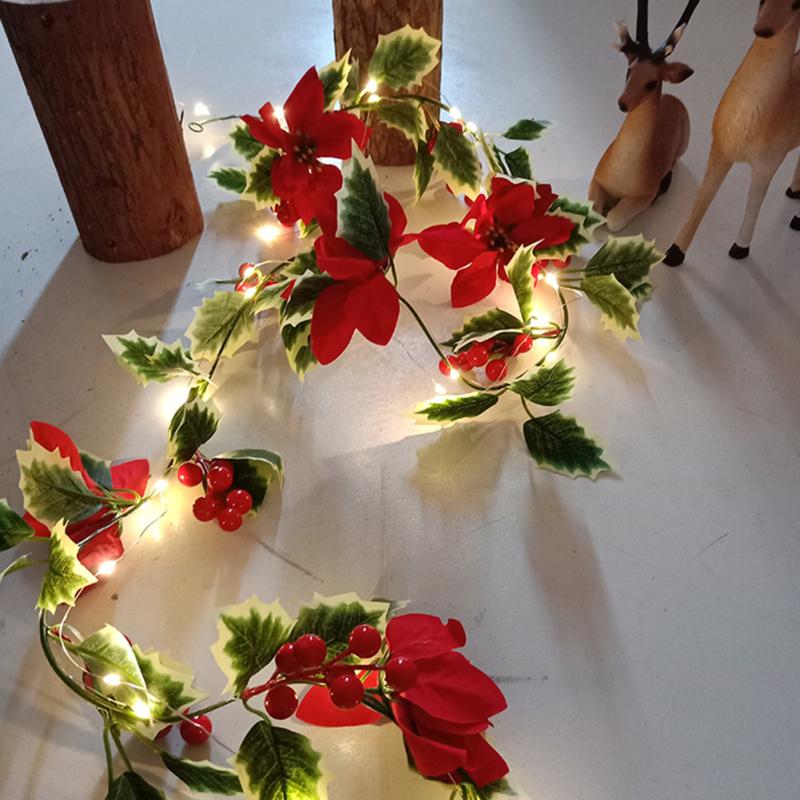 Ghirlandă Artificială Poinsettia Ghirlandă Decorativă Snur De Lumini Cu Fructe Roșii Rattan De Crăciun