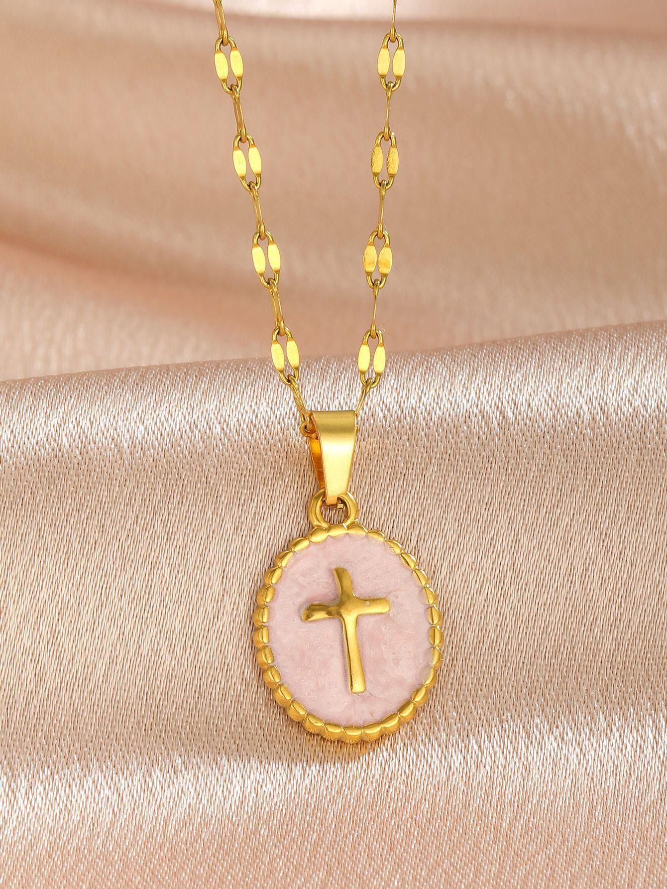 Vintage Enamel Cross Necklace Women Simple Religious Pendant Choker Chain Jewelry