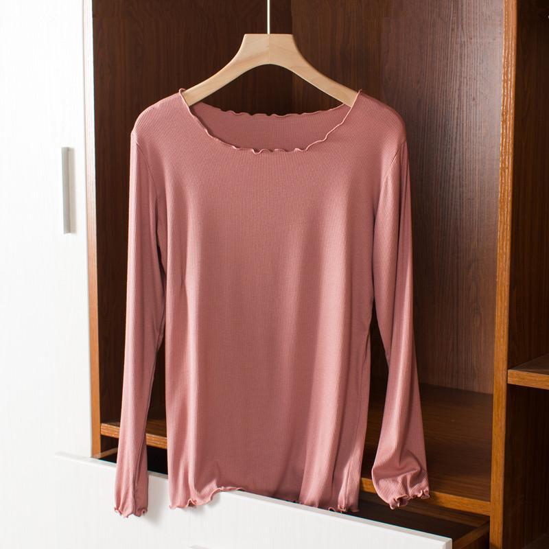 Women's Slim Fit Wood-Ear Trim Modal Long Sleeve T-Shirt, Round Neck, Plus Size, Spring/Autumn Versatile Top