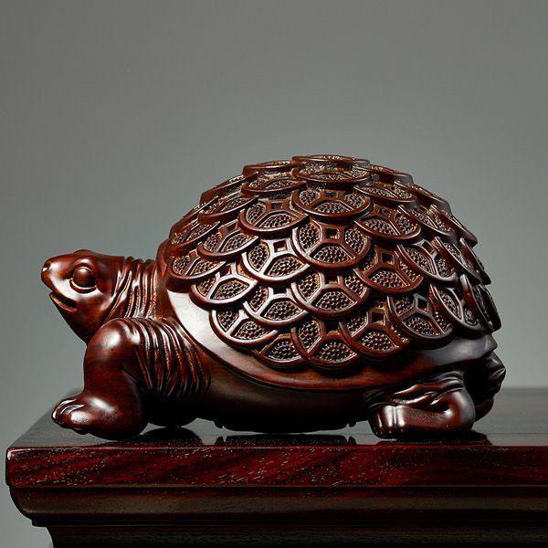 

Ebony Wood Carved Golden Turtle Ornament for Home and Office Feng Shui Décor