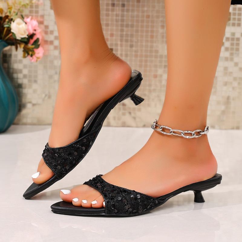 Ladies High Heels 2025 Summer Women's Design Shiny Sequins Sexy Women's Sandals Plus Size Dress Slippers