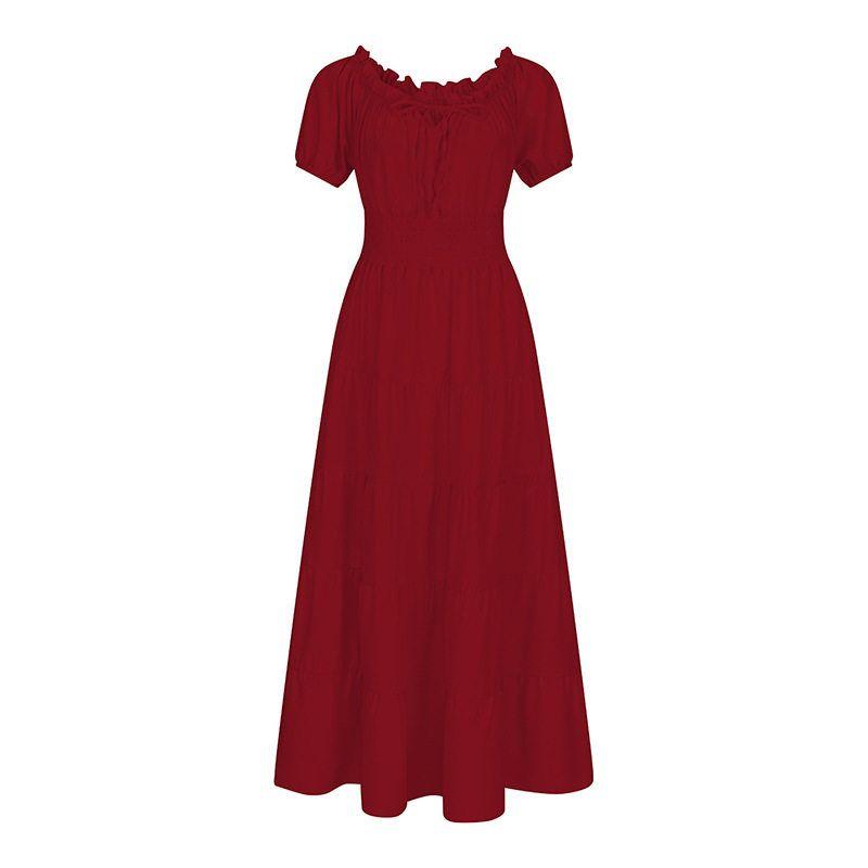 

European and American Style Off-The-Shoulder Ruffled Medieval Renaissance Stage Costume Halloween Vintage Long Dress Cosplay for Women Burgundy L/XL