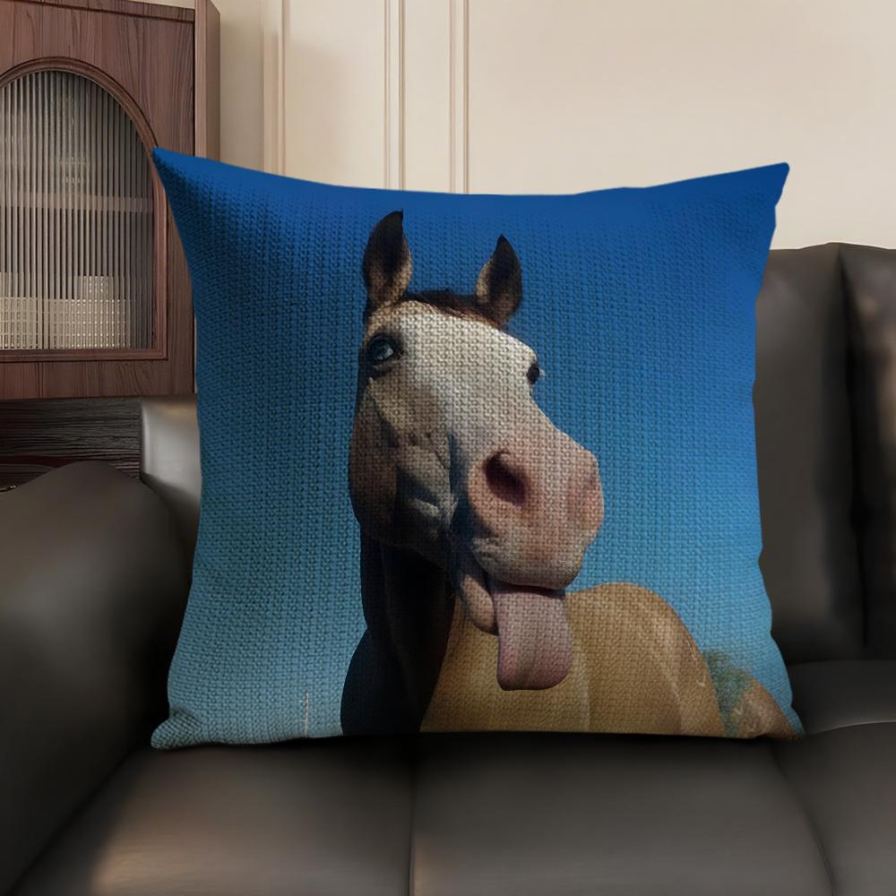 Funny Expressions Horse Cushion Cover Natural Linen Organic Fabric Double-Sided Printing Sofa Home Decor Gift Pillow Case