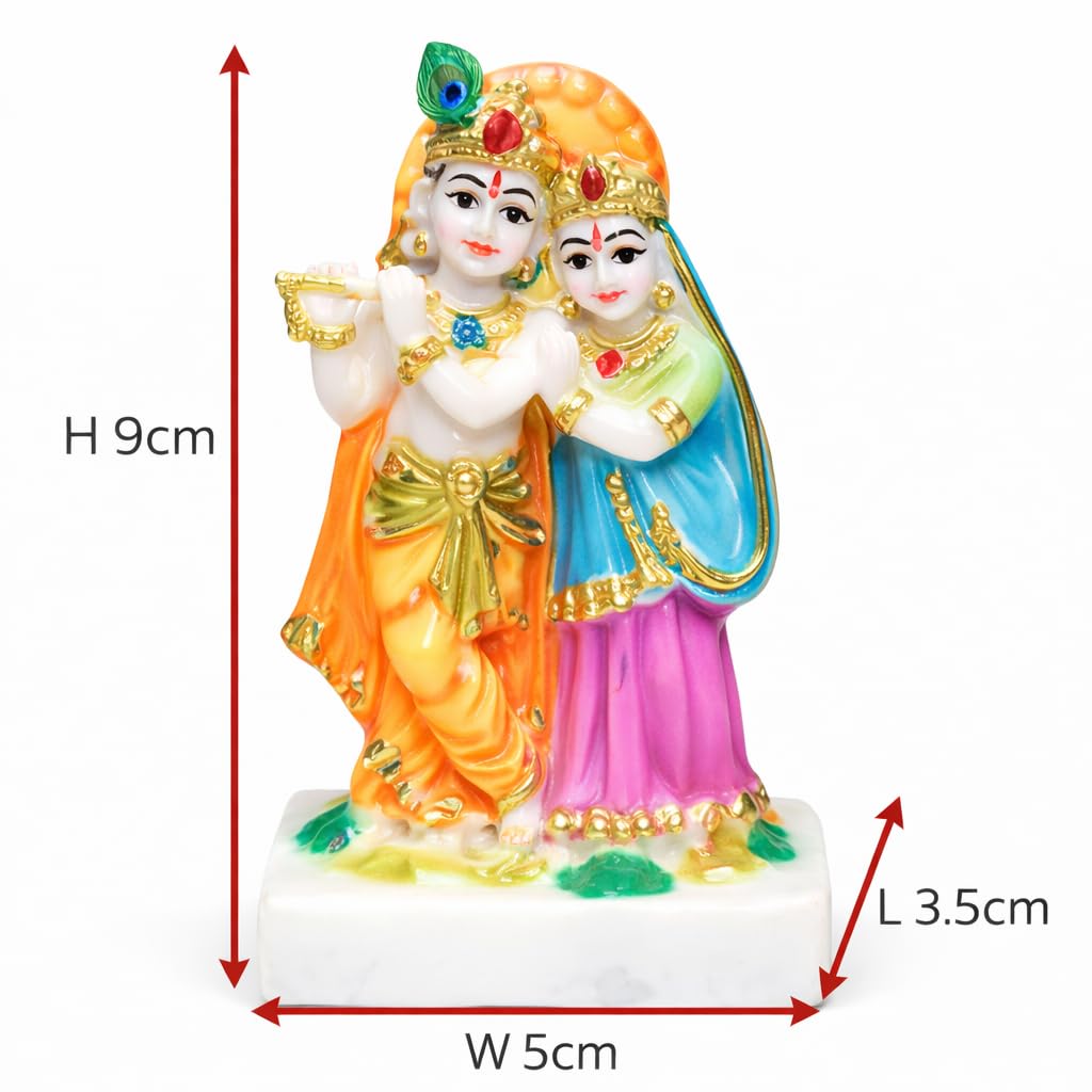 Figurka Radha Krishna, Pył Marmurowy, Wielokolorowa ze Złotym Połyskiem, Wysokość 9cm, Tradycyjny Posąg Bóstwa Hinduistycznego