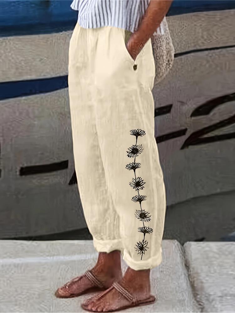 Spodnie z nadrukiem kwiatowym w dużych rozmiarach, wiosenno-letnie, swobodne, z kieszeniami i elastyczną talią, odzież damska w dużych rozmiarach