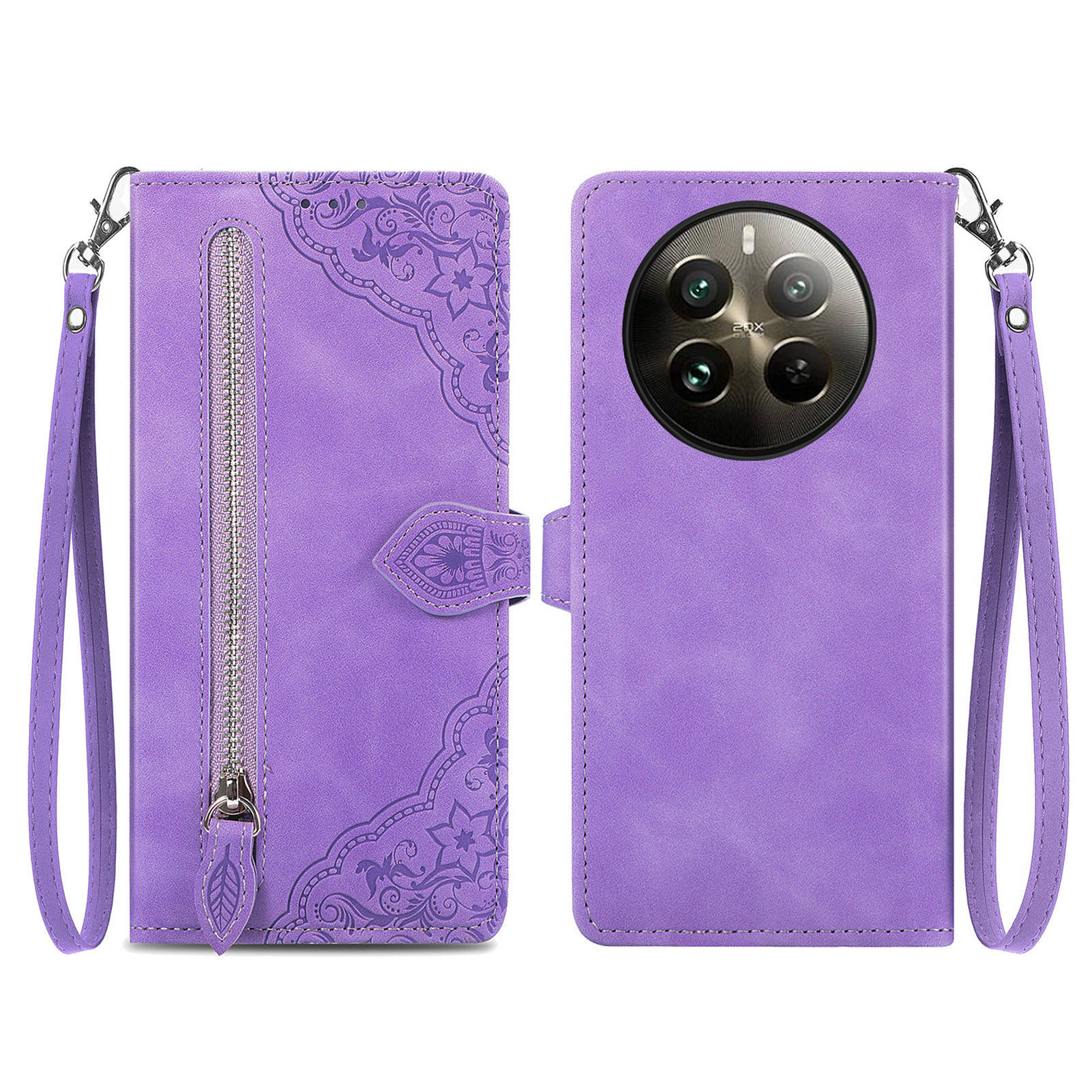 

For Realme 13 4G Zipper Wallet Case with Strap Flower Imprint PU Leather Phone Cover Light Purple