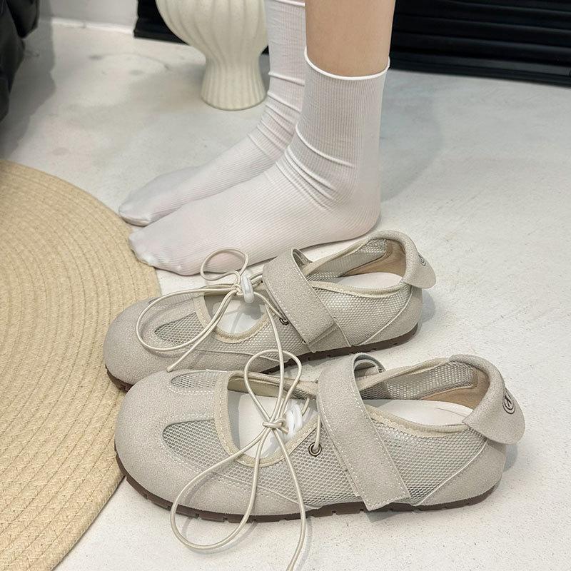 Sweet and Salty Korean Women's Round Head Bow Single Shoes Women's Ballet Mesh Breathable Shallow Mouth Mary Jane Sneakers