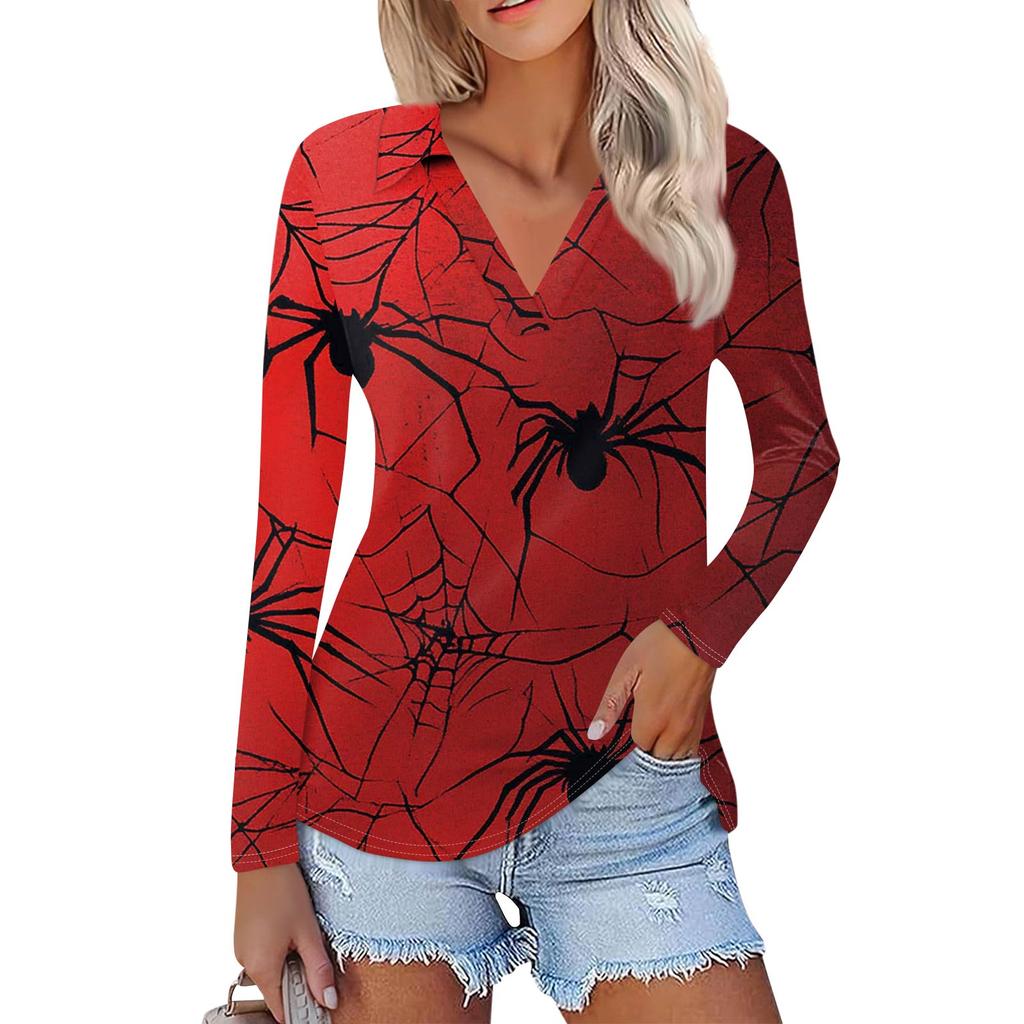 Women's Summer Fashion Casual Printed V-Neck Long Sleeve Shirt Top