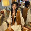 New slimming Bohemian fringe lace vacation style high-waisted slimming apricot long dress is super fairy-tale