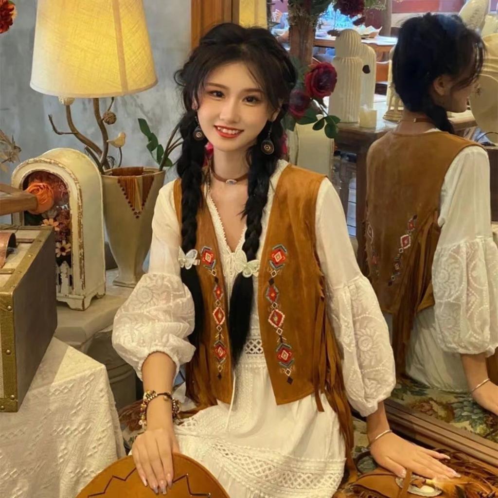 New slimming Bohemian fringe lace vacation style high-waisted slimming apricot long dress is super fairy-tale