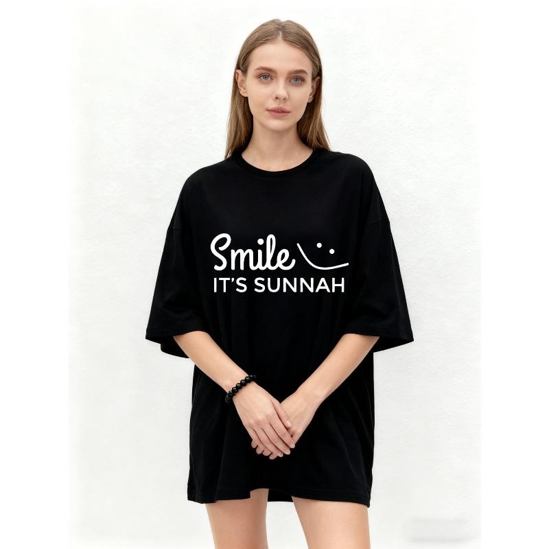 Oversized T Shirt Black Smile Its Sunnah Print Casual Wear for Women Daily Outfits Streetwear Fashion Top