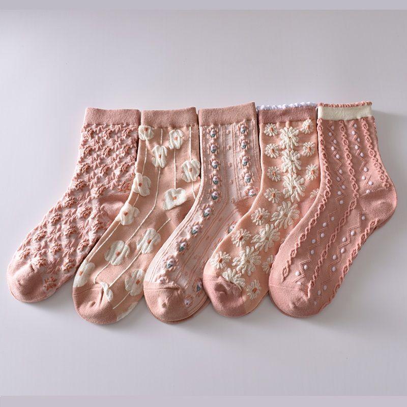 5 Stück/weiße florale Mid-Tube-Socken für Damen, trendige japanische Pudernebelfarbe, Student Loli Spring, dünner Abschnitt, JK-Socken, Pink, Neu