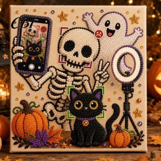 3d Faux Pearl Mosaic Art for Adults Halloween Kit, Cute Ghost Skeleton Painting Room Decor DIY 3D Craft Kit Adults, Fall Home Handmade Gift Lovers