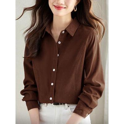 Damen Braunes Langarm Button-Down Hemd Locker Lässig Einfarbig Bluse
