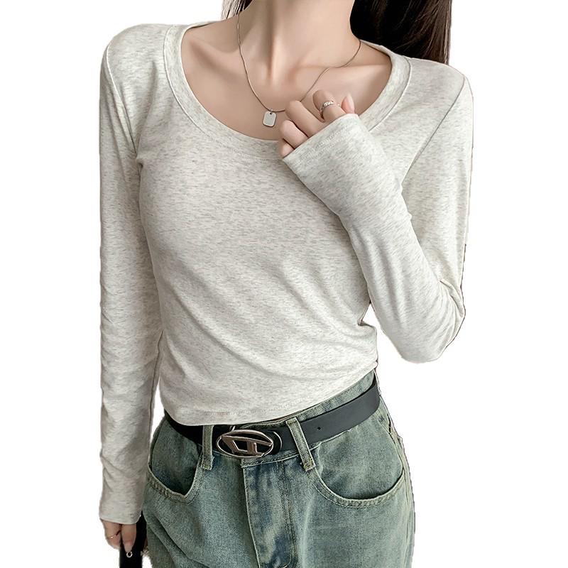 Women's Slim Fit Long-Sleeve U-Neck T-Shirt, Early Spring Style, Petite Base Layer, Versatile Short Top
