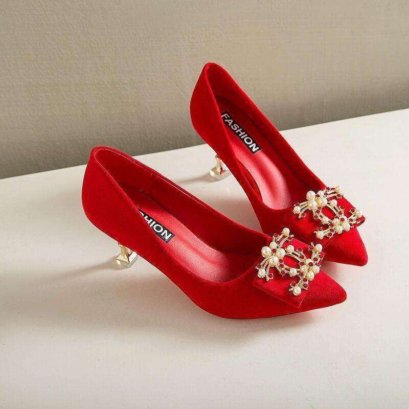 Bridesmaid Wedding Shoes Women's 2025 New Chinese Toast Shoes Red Wedding High Heels Stiletto Beige Blue Bridal Shoes