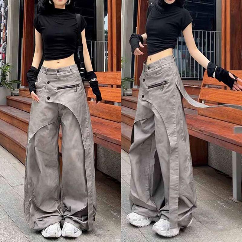 

Asymmetrical Design Cutting Piece Waist Seal Ribbon Faded Gray Cargo Pants Female Summer Loose Slim Looking Casual Wide-Leg Pants Gray L