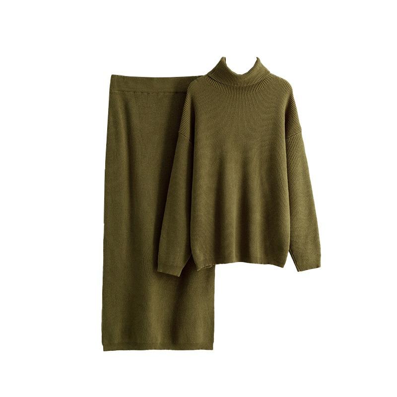 Pullover sweater two-piece set women's autumn and winter new solid color split knitted skirt set