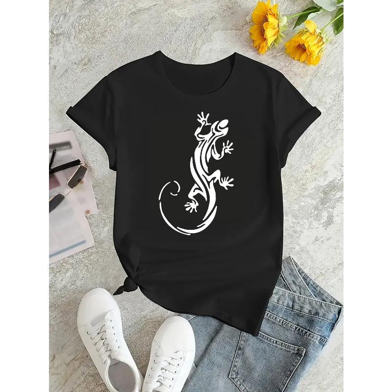 European Size Women's Casual Sporty T-Shirt, Round Neck, Short Sleeve, Lizard Print, Comfortable Summer Top, Knitted Fabric,