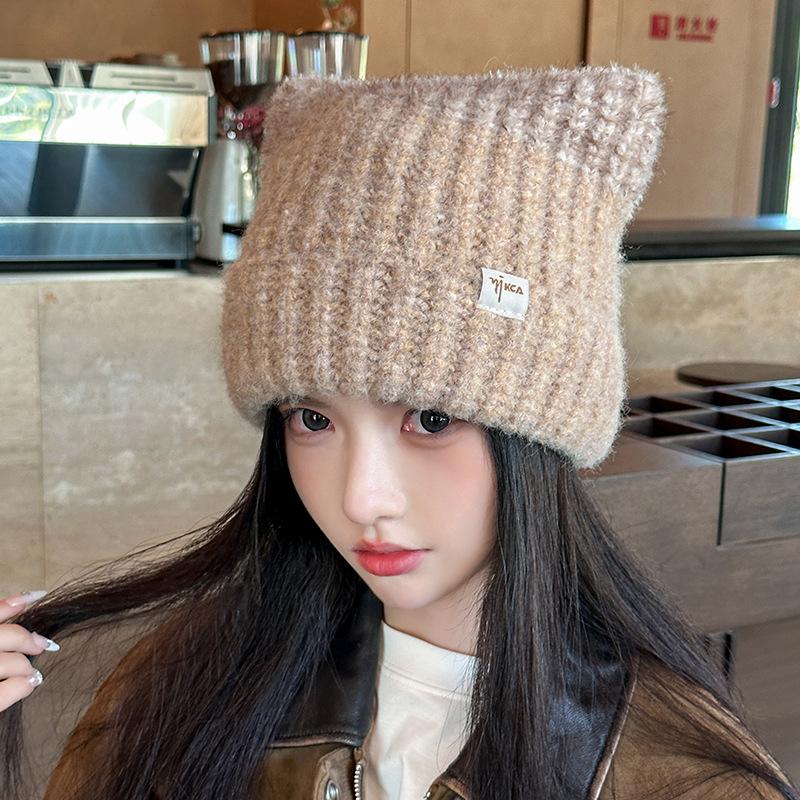 

Милая вязаная шапка с кошачьими ушками для женщин, теплая и защищающая уши шерстяная шапка на осень и зиму, универсальная шапка от холода в корейском стиле One Size