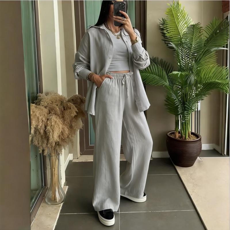 Spring Fashion Women's Plus Size Two-Piece: Linen-Style Shirt & High-Waisted Loose Pants