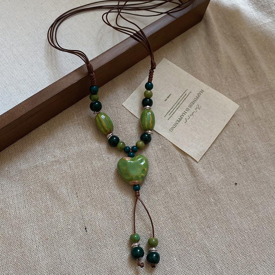 Vintage Bohemian Ethnic Ceramic Bead Pendant Necklace