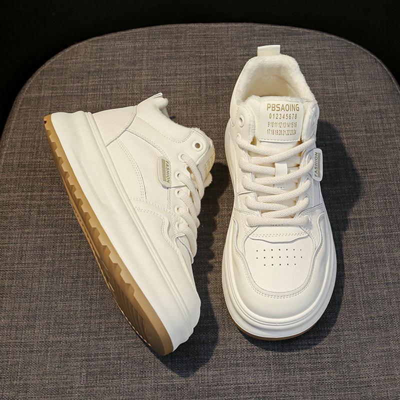 Leather High-top Cotton Shoes Women's New Winter Velvet White Shoes Casual Sports Thick-soled High-top Shoes Children