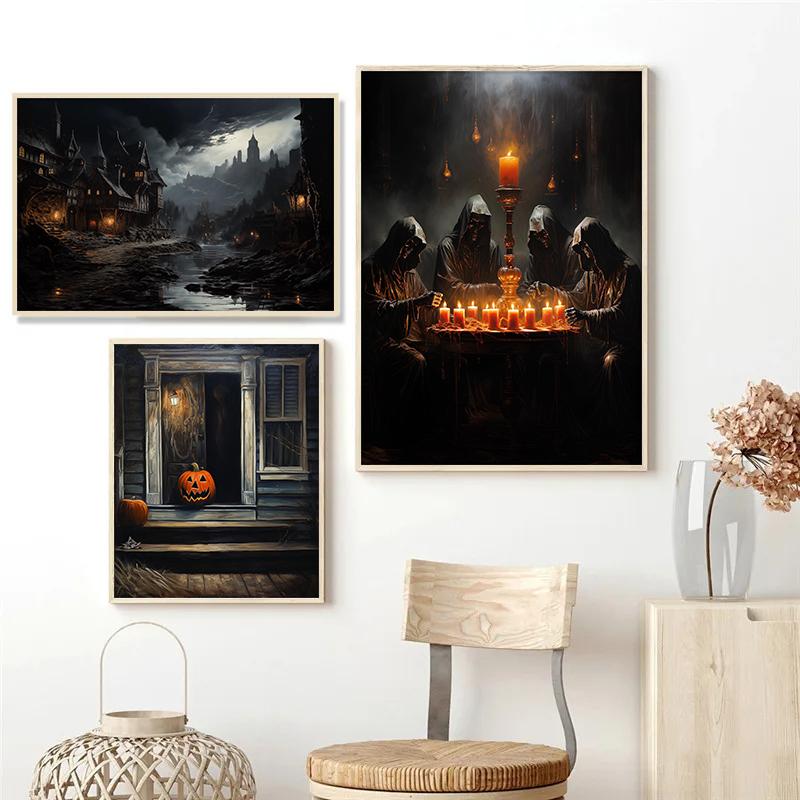 Classic Horror Halloween Pumpkin Skull Dark Academy Fashion Retro Poster Canvas Paintings Wall Art Pictures Home Decor
