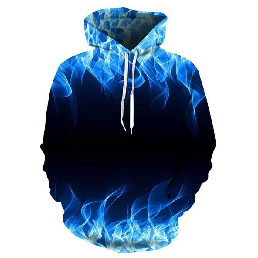 

3D Blue Flame Collection Printed Pullover Sweatshirt Men s Hooded Sweatshirt S