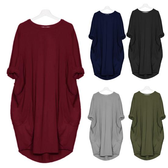 Women Casual Solid Color O Neck Long Sleeve Pockets Knee-length Baggy Dress