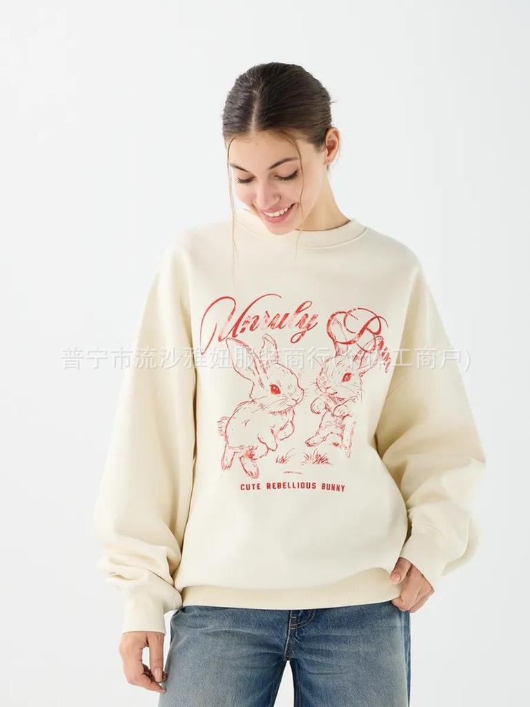 Cartoon Rabbit Print Age-Reducing Round Neck Pullover Hoodie - American Style Autumn/Winter