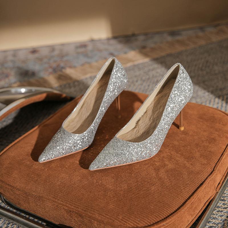 8819 Französische spitze High Heels Damen 2025 neue Kristall Pailletten Hochzeitsschuhe silber Brautjungfer Schuhe Stiletto Schuhe