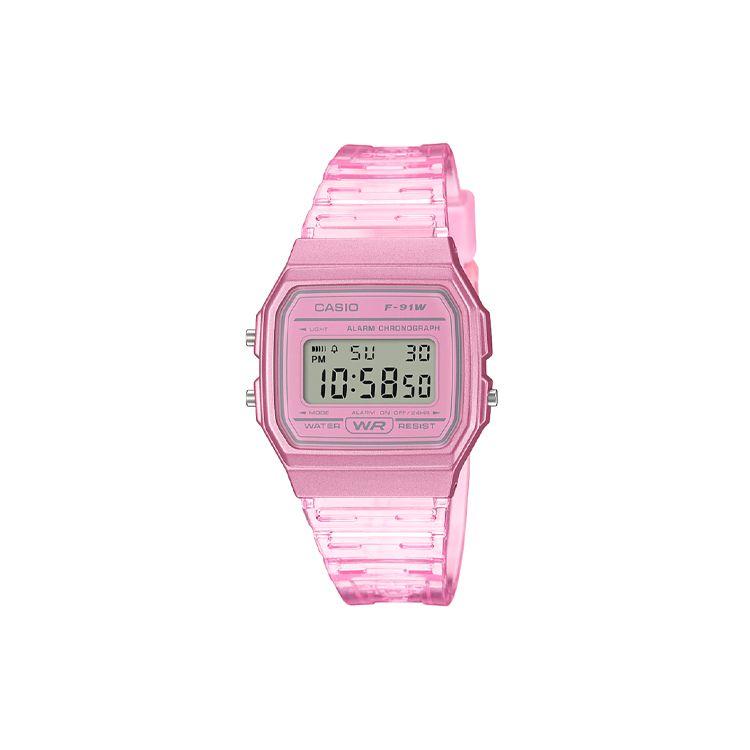 

Casio Youth Series Silicone Small Square Macaron Color Small Watch Semi-Transparent Quartz Movement Resin Strap Women watches Pink F-91WS-4JH Pink Watch Dial