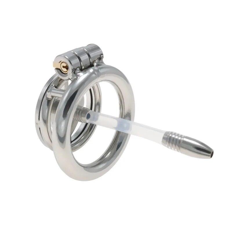 Stainless Steel Chastity Lock CB Lock for Men Penis Cage with Urinary Catheter Gay Slave Cock Ring Sex Toy Ball Stretcher
