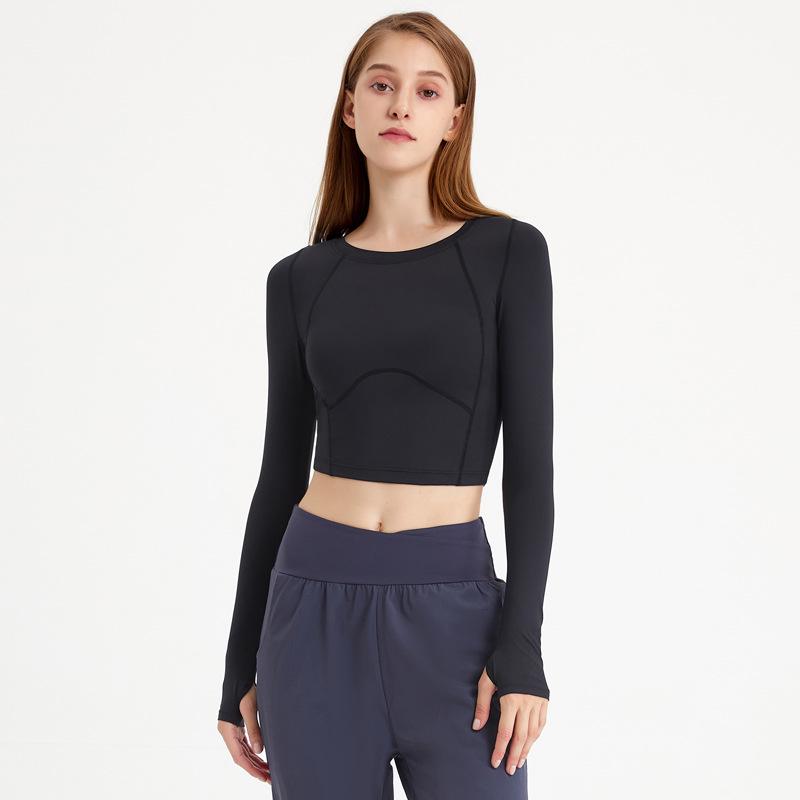 

Женский укороченный топ с длинным рукавом из какао-сетки - Осенняя спортивная одежда для йоги XL чёрный