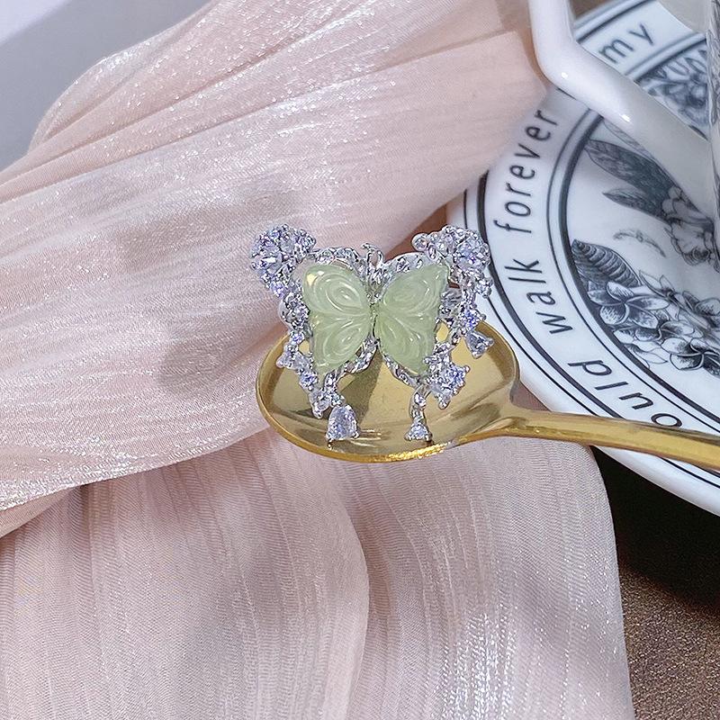 Medieval Green Butterfly Cool Niche Design Open Ring Light Luxury High-End Ring