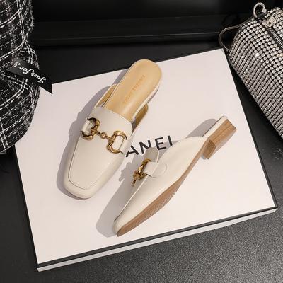 Leather Half Slippers Women's Outer Wear Summer New Horse Buckle Sandals Heelless Lazy Shoes Flat Bag Head Muller Shoes
