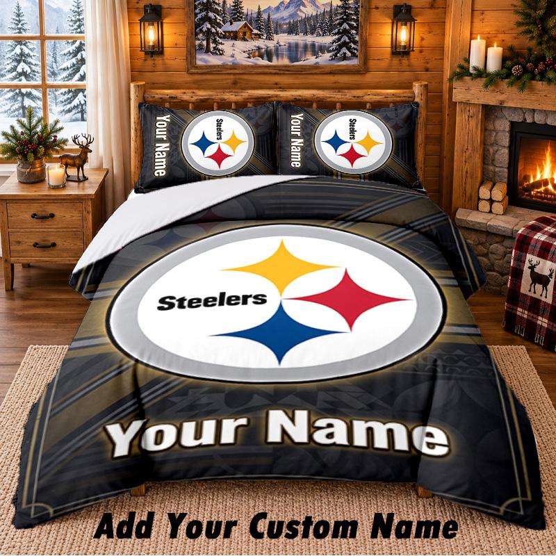Pittsburgh Steelers Pattern Bedding 3Pcs Set Custom Name, Bed Sheet And Pillowcases For Home Bedroom