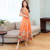 Women's Round Neck Short Sleeve A Line Midi Dress Mid Rise Elegant Floral Print Chiffon Beach Party Maxi Dress