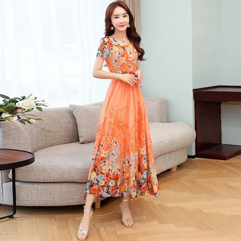 Women's Round Neck Short Sleeve A Line Midi Dress Mid Rise Elegant Floral Print Chiffon Beach Party Maxi Dress
