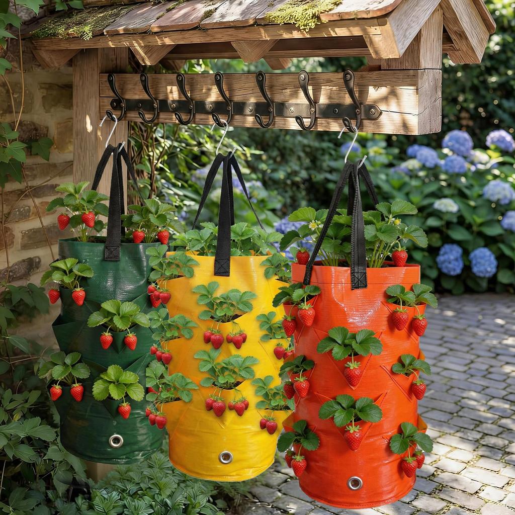 Bolsas de Cultivo para Plantas Colgantes con Asas y Ganchos Colgantes Gotero Automático para Agua Bolsas Colgantes para Fresas con 10 Bolsillos Transpirables