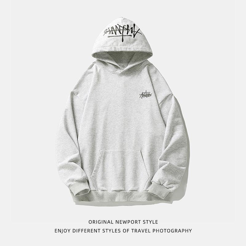 Męska Wiosenna Bluza z Kapturem o Gramaturze 400G z Haftem - Luźny Krój Streetwearowa Bluza Pulowerowa dla Par