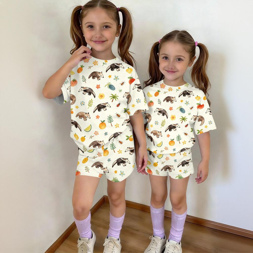 Kids Casual Short Sleeve Top and Shorts Set Animal Print Summer Outfit Lightweight Comfortable Breathable Fabric for Boys and Girls