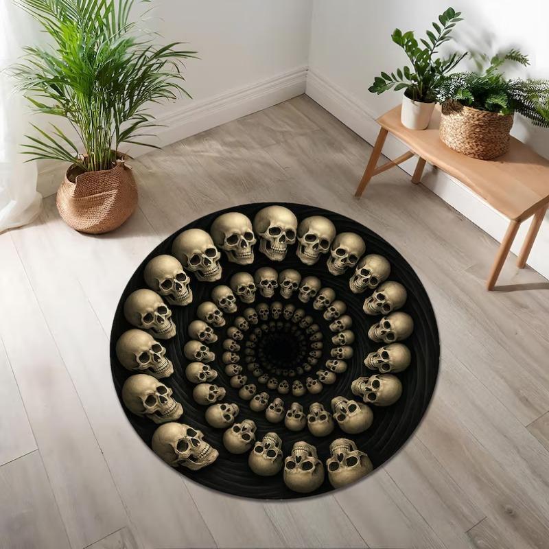 Gothic Skull Spiral Round Rug Dark Illusion Carpet Creepy Macabre Home Decor Halloween Skull Circle Floor Mat for Living Room