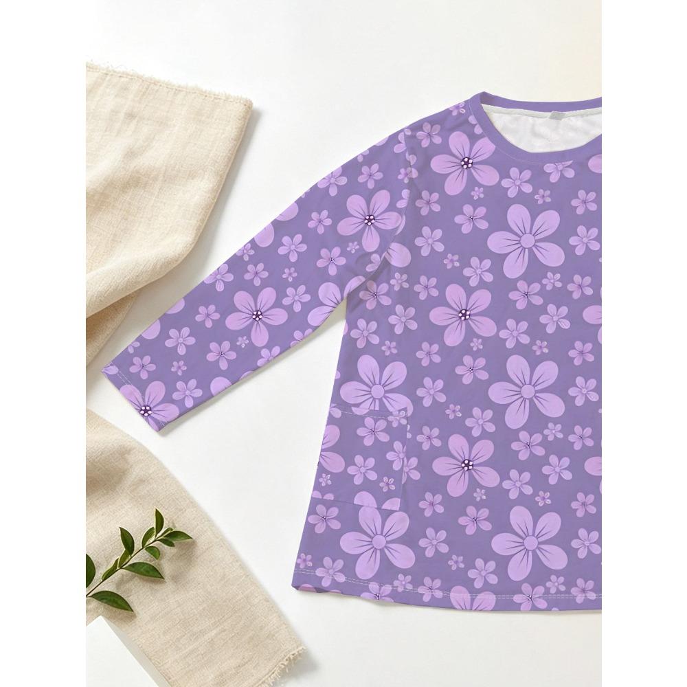 Women's Large Size with Pocket Design Purple Floral Print Loose Long Sleeve T-Shirt, Women's Casual Versatile Top