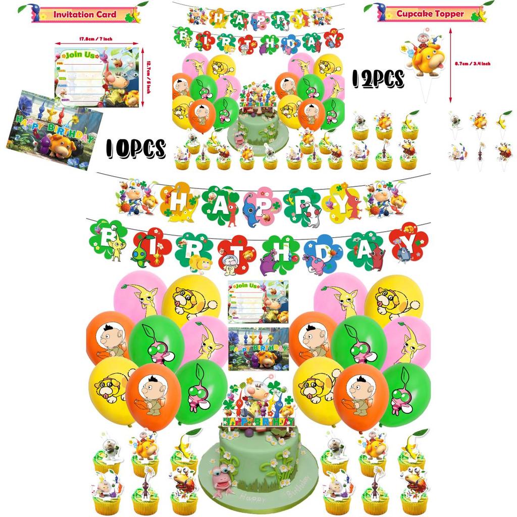 Pikmin-4 Geburtstagsparty-Dekorationsset: Papiergirlande, Luftballons, Tortenaufsatz, Cupcake-Aufsatz und mehr!